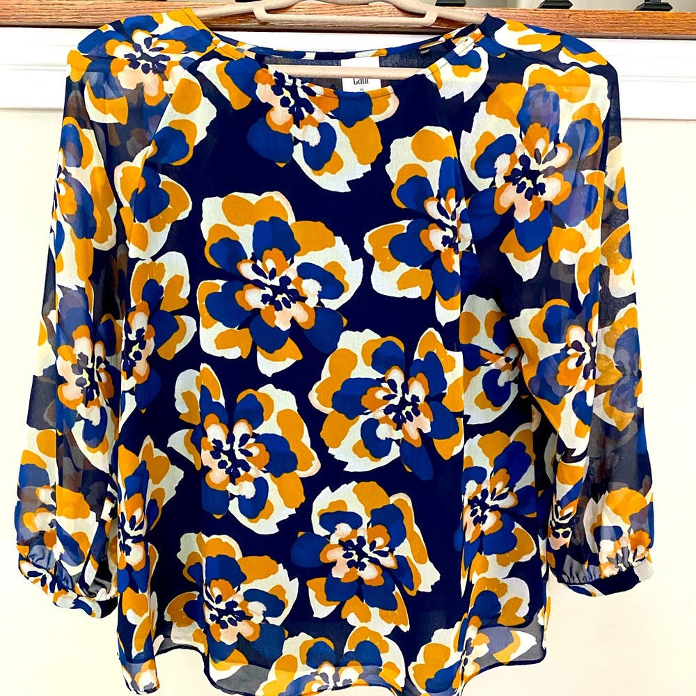 CAbi blue and yellow floral blouse with button sleeve